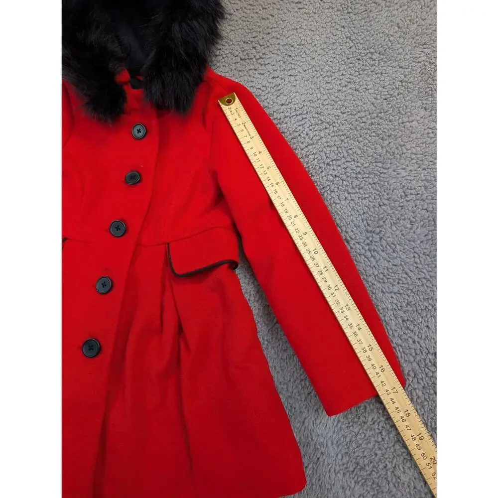 Cat & Jack Girls Size XS 4/5 Red Coat W/ Detachable Faux Fur Hood (1139)